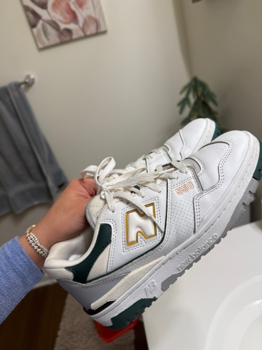 New Balance 550 White with Green & Gold Accent Leather Sneakers